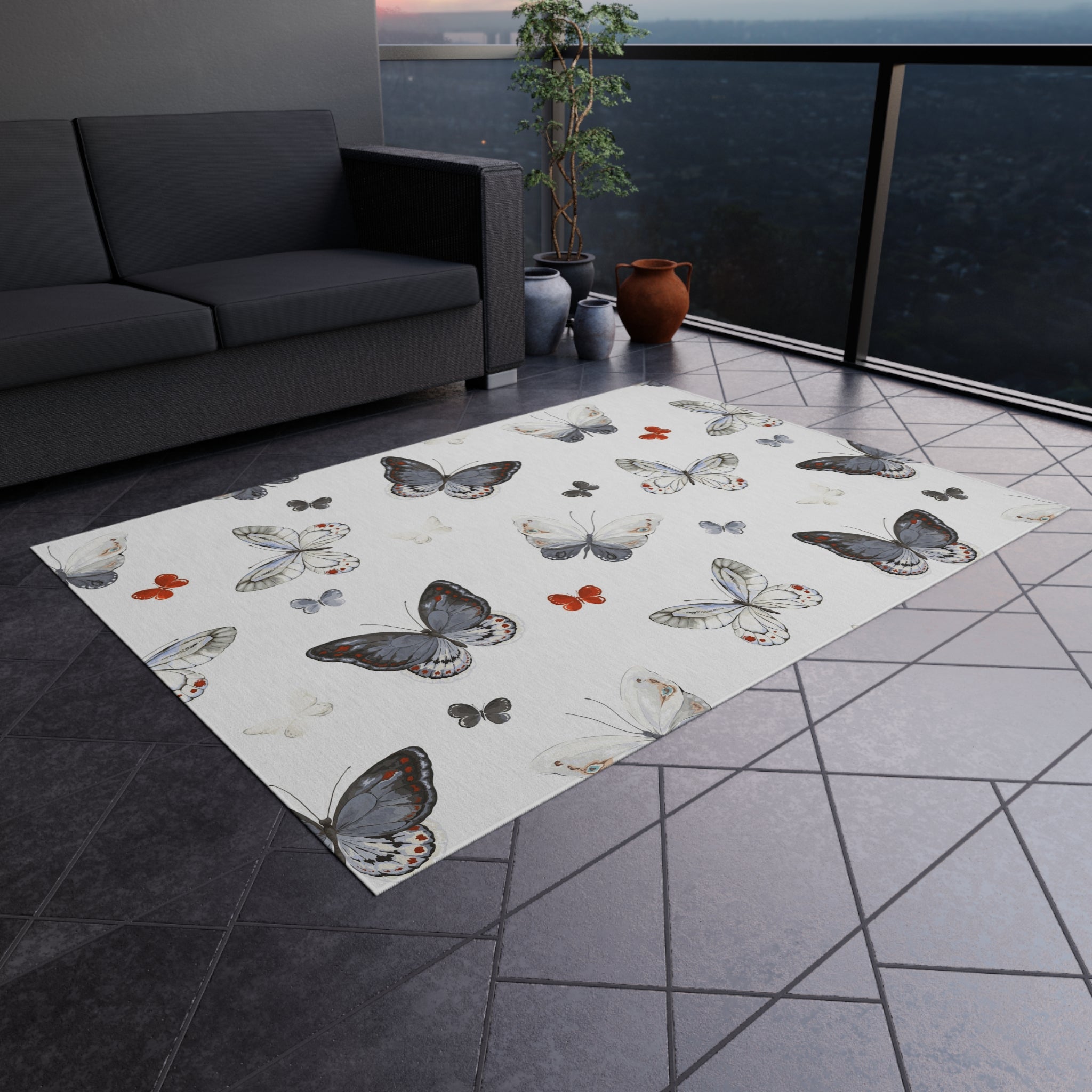 Butterfly Pattern Outdoor Rug — Waterproof Patio Mat for Porch & Deck