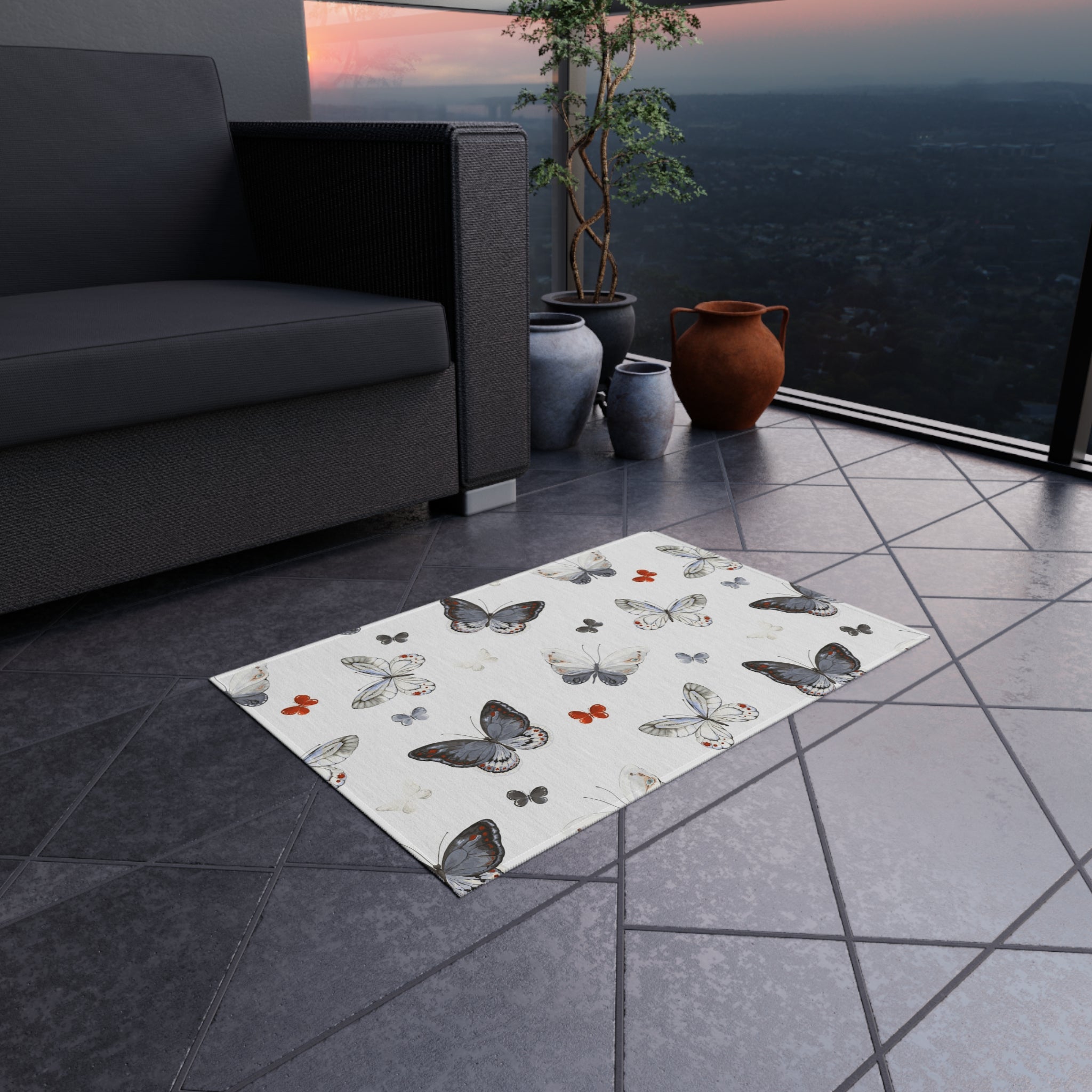 Butterfly Pattern Outdoor Rug — Waterproof Patio Mat for Porch & Deck