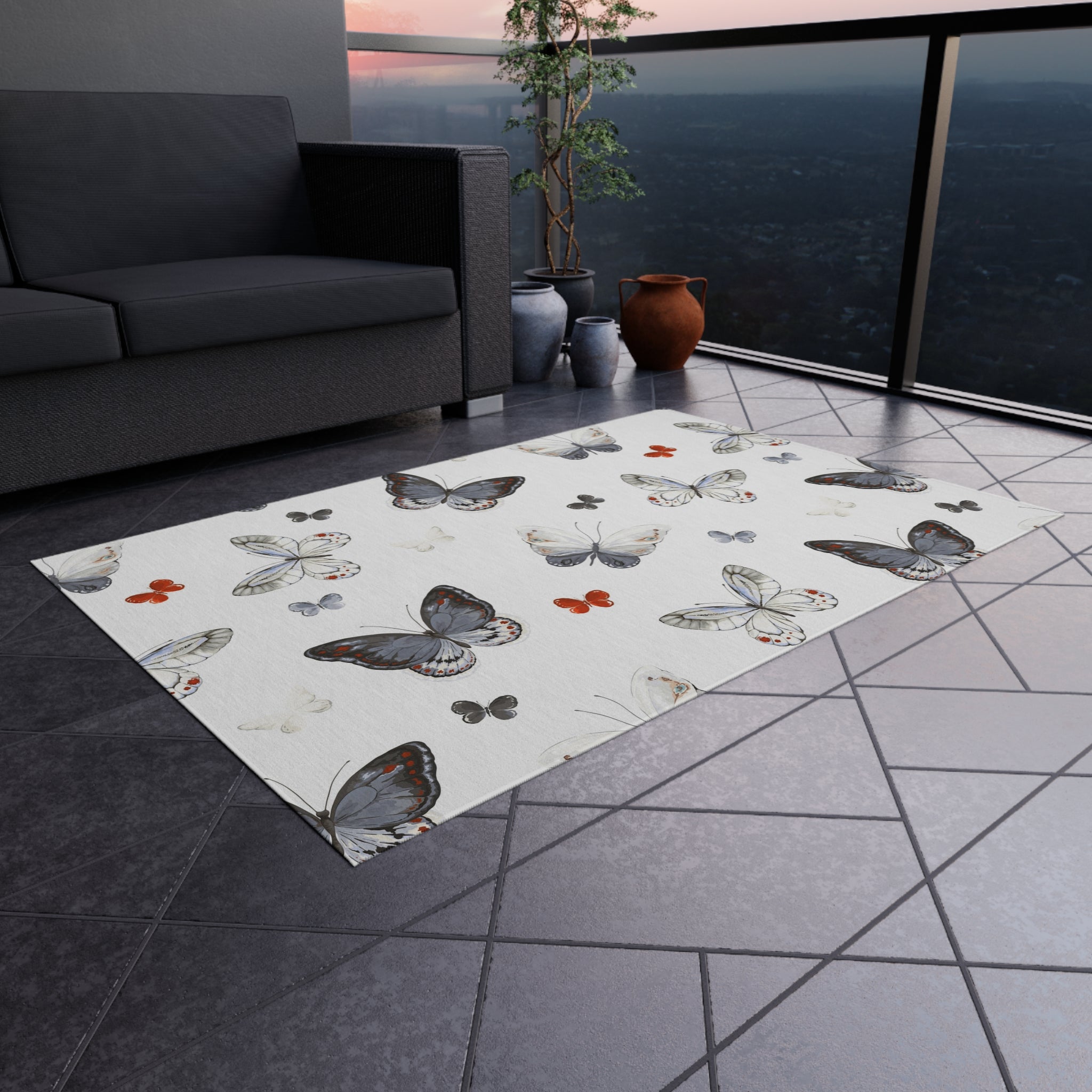 Butterfly Pattern Outdoor Rug — Waterproof Patio Mat for Porch & Deck