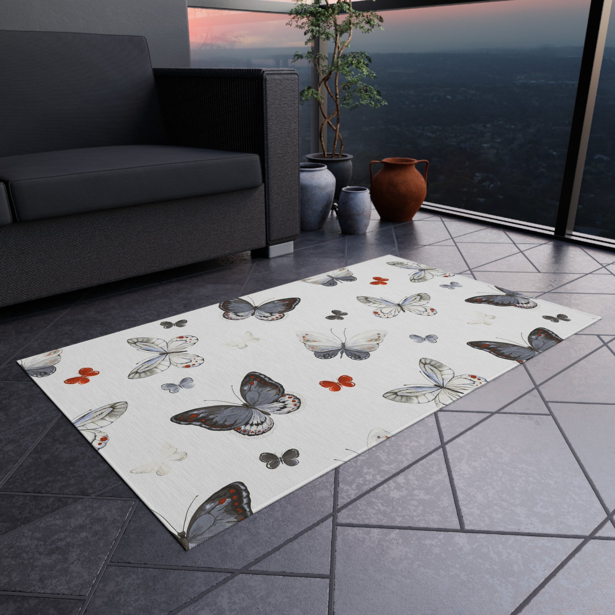 Butterfly Pattern Outdoor Rug — Waterproof Patio Mat for Porch & Deck