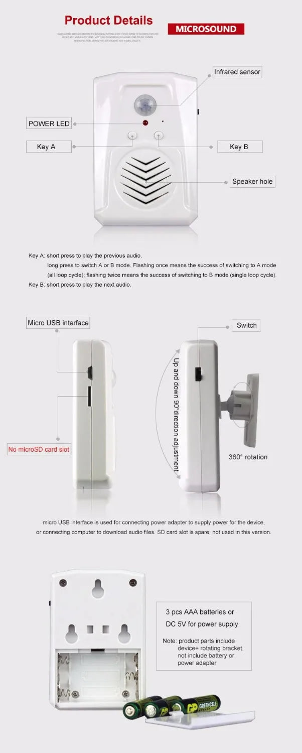 NNEOBA MP3 Wireless PIR Motion Sensor Doorbell with USB Cable