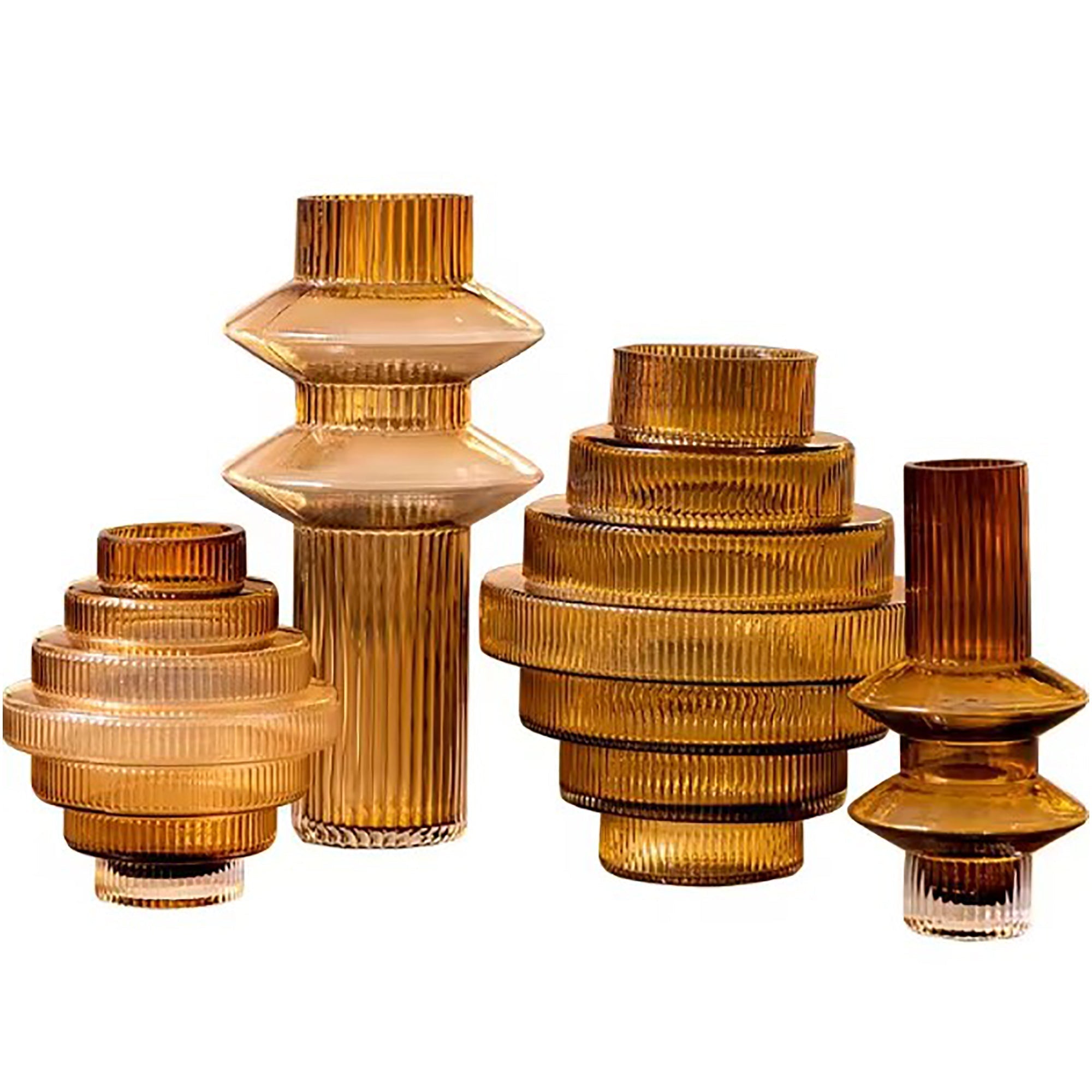 Ribbed Layered Tall Glass Vase-Large-Amber