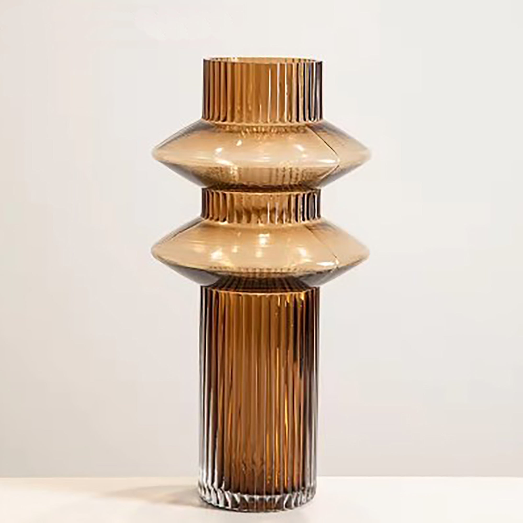 Ribbed Layered Tall Glass Vase-Large-Amber